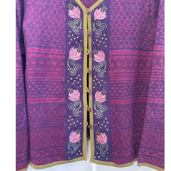 Gudrun Sjoden Purple Geometric Floral Embroidered Cardigan Sweater Size L - Picture 2 of 8
